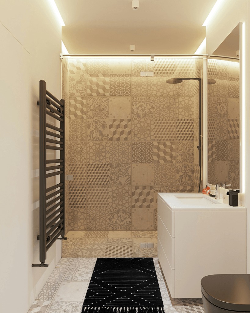 Bathroom rug ideas black 2x3 in White Tiled Bathroom
