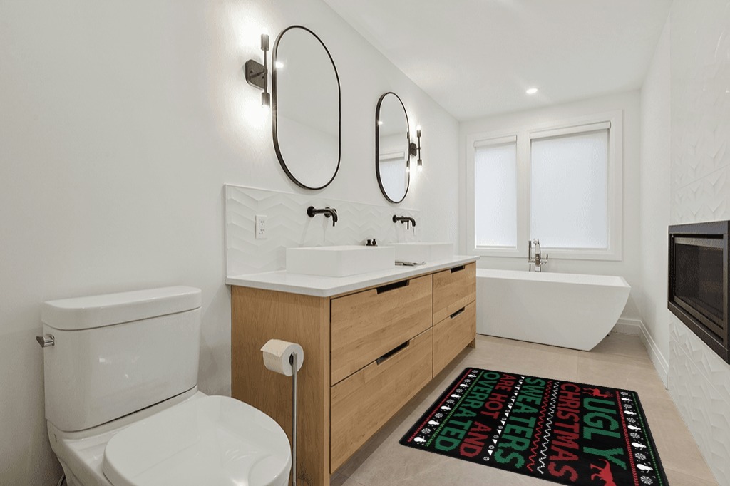 Bathroom rug ideas black in Scandinavian Neutral bathroom
