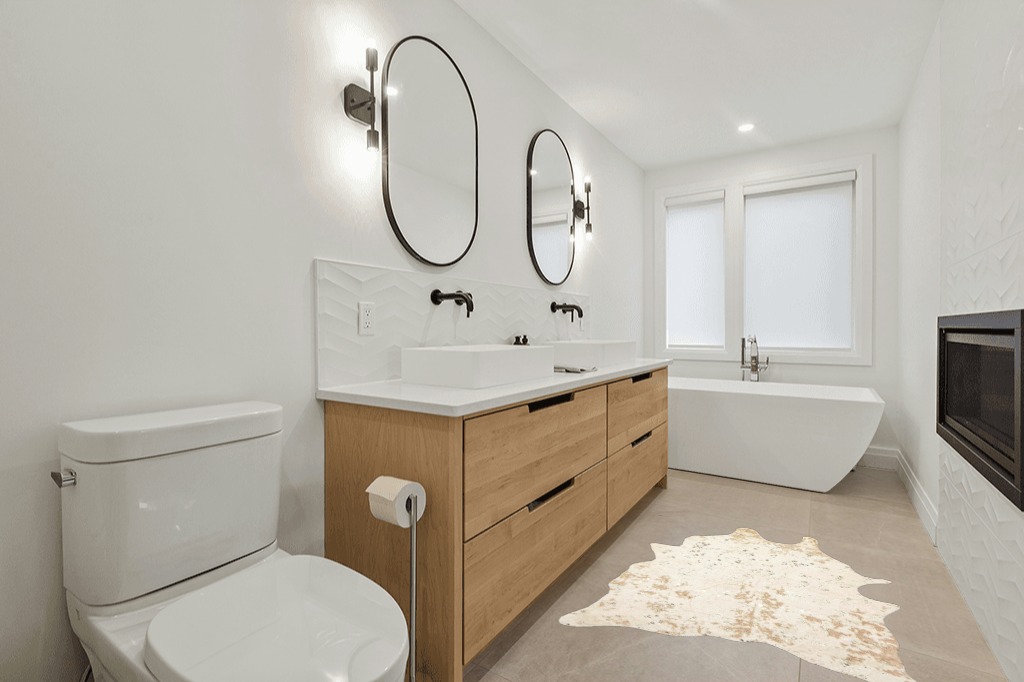 Faux fur rug ideas in Scandinavian Neutral bathroom