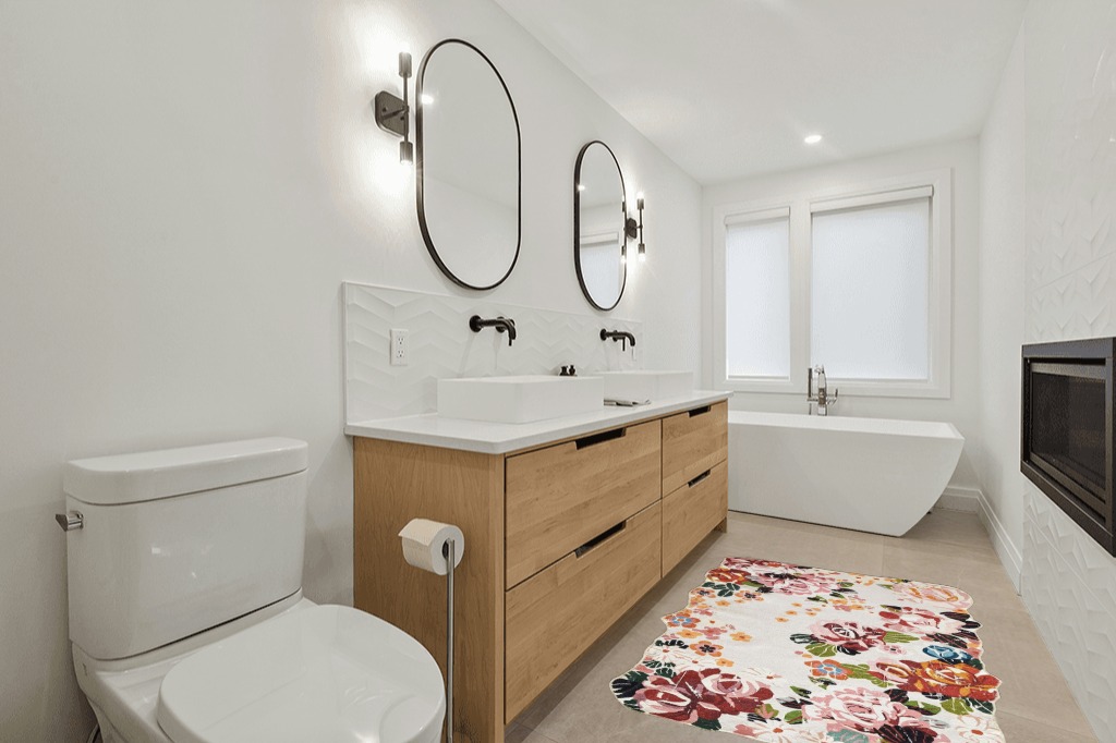 Bathroom rug ideas pink in Scandinavian Neutral bathroom