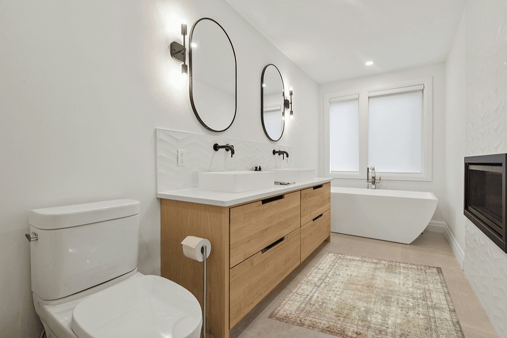 Bathroom rug ideas beige in Scandinavian Neutral bathroom