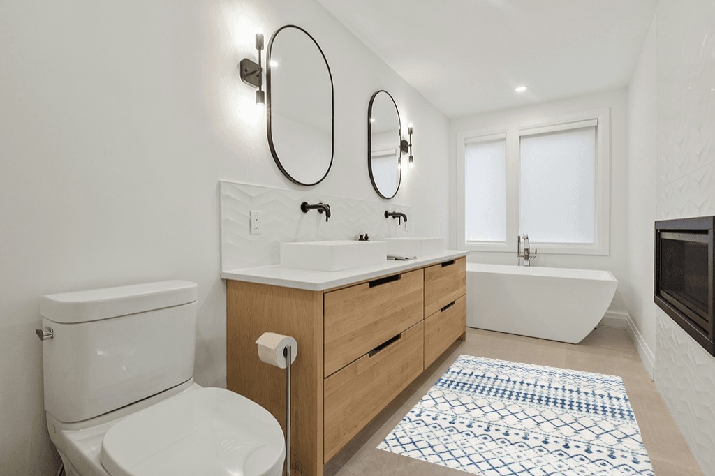 Bathroom rug ideas blue in Scandinavian Neutral bathroom