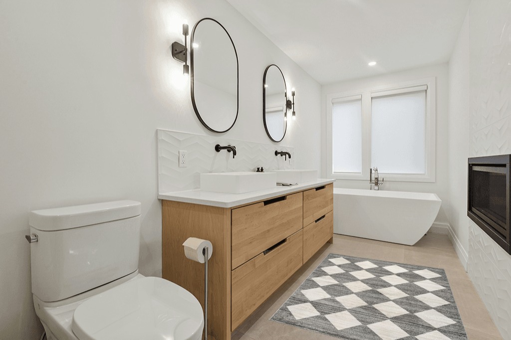 Modern area rug ideas in Scandinavian Neutral bathroom
