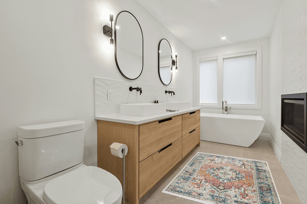 Oriental rug decorating ideas in Scandinavian Neutral bathroom