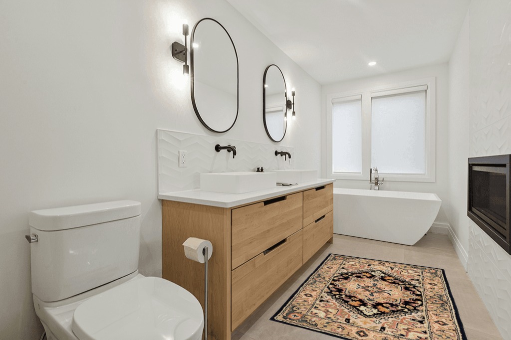Bathroom rug ideas orange in Scandinavian Neutral bathroom