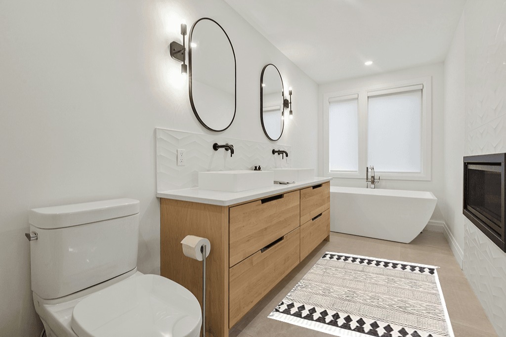 Boho rug ideas in Scandinavian Neutral bathroom