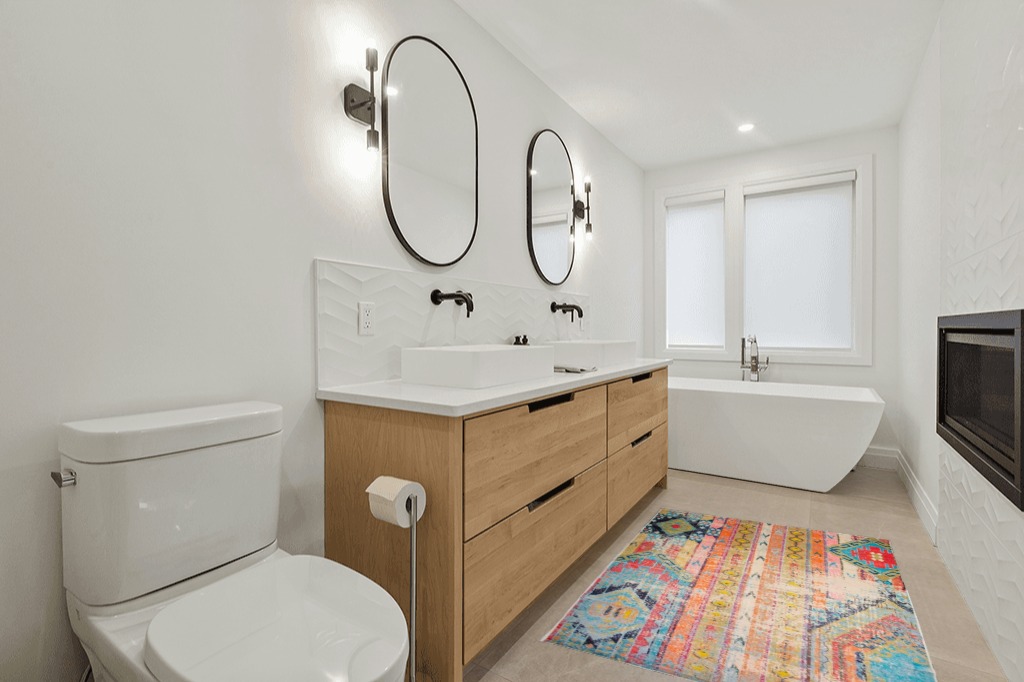 Bathroom rug ideas yellow in Scandinavian Neutral bathroom