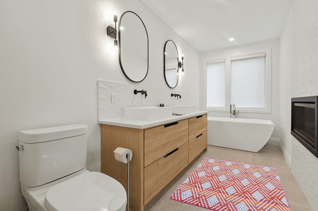 Bathroom rug ideas pink in Scandinavian Neutral bathroom