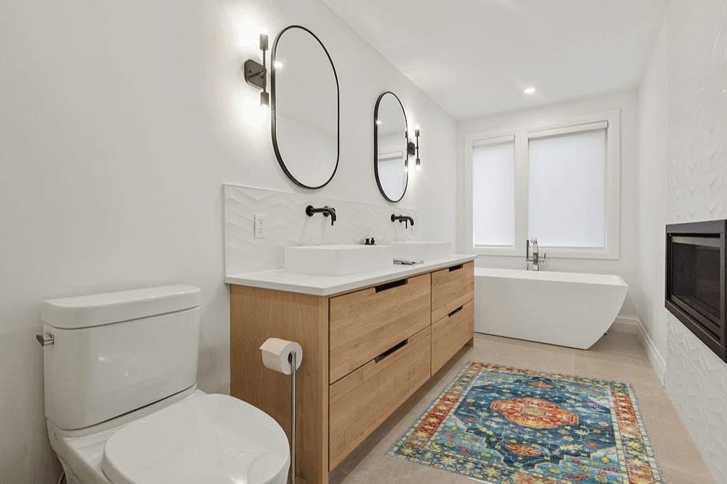 Bathroom rug ideas teal in Scandinavian Neutral bathroom