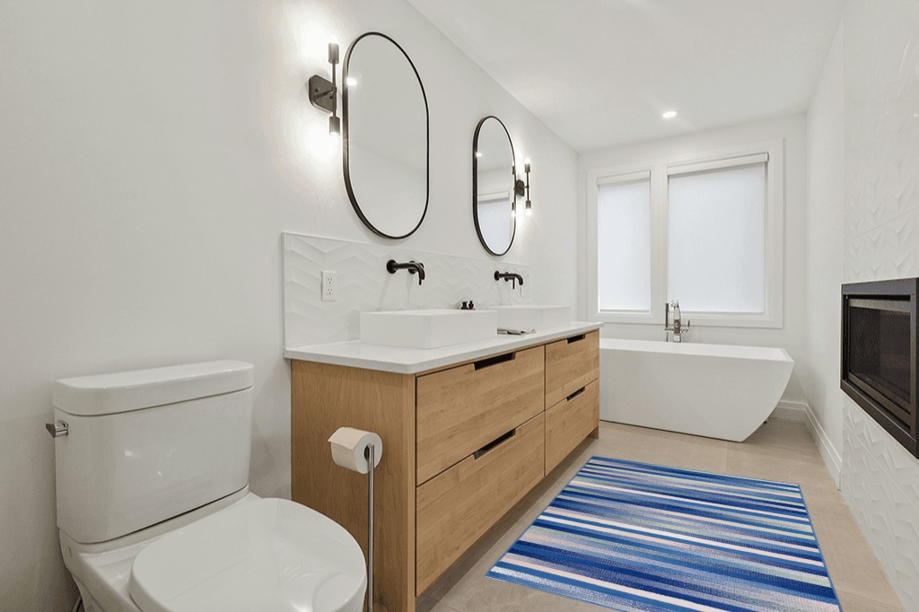 Bathroom rug ideas blue in Scandinavian Neutral bathroom