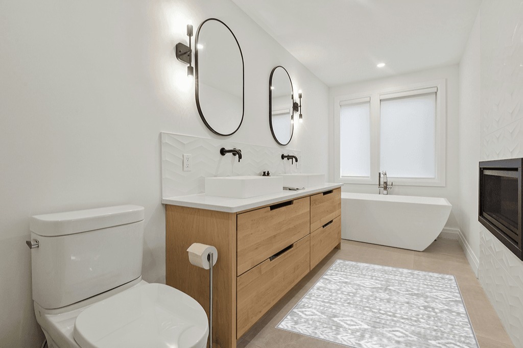 Bathroom rug ideas white in Scandinavian Neutral bathroom