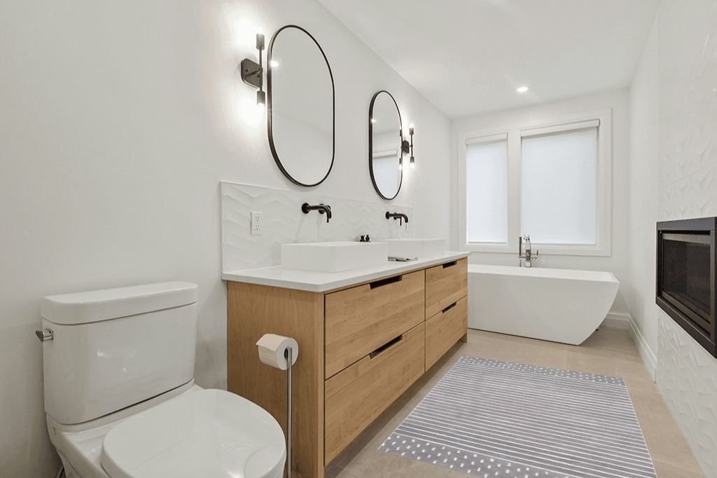 Bathroom rug ideas grey in Scandinavian Neutral bathroom