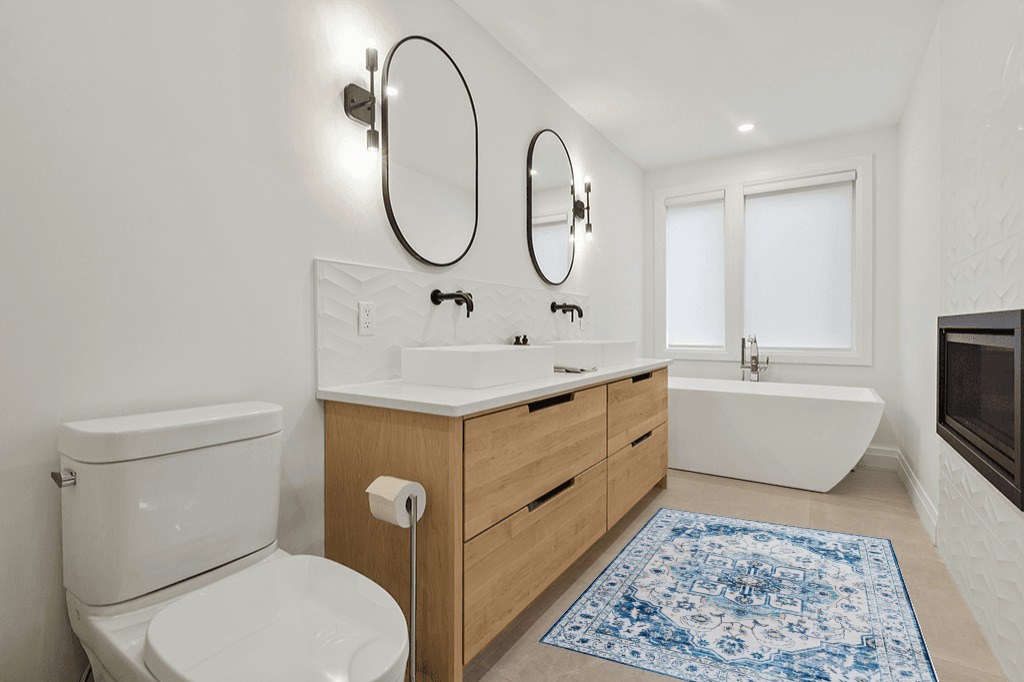 Bathroom rug ideas blue in Scandinavian Neutral bathroom