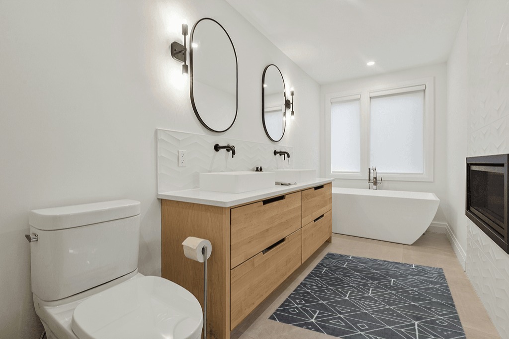 Bathroom rug ideas black in Scandinavian Neutral bathroom