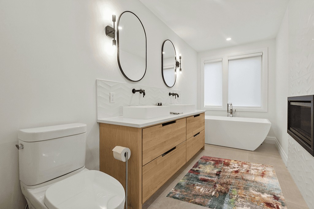 Bathroom rug ideas gold in Scandinavian Neutral bathroom