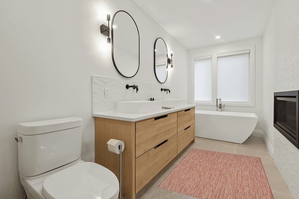 Bathroom rug ideas red in Scandinavian Neutral bathroom