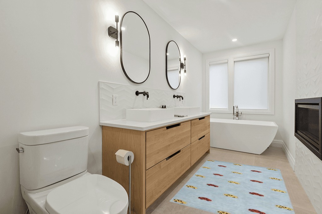 Bathroom rug ideas yellow in Scandinavian Neutral bathroom