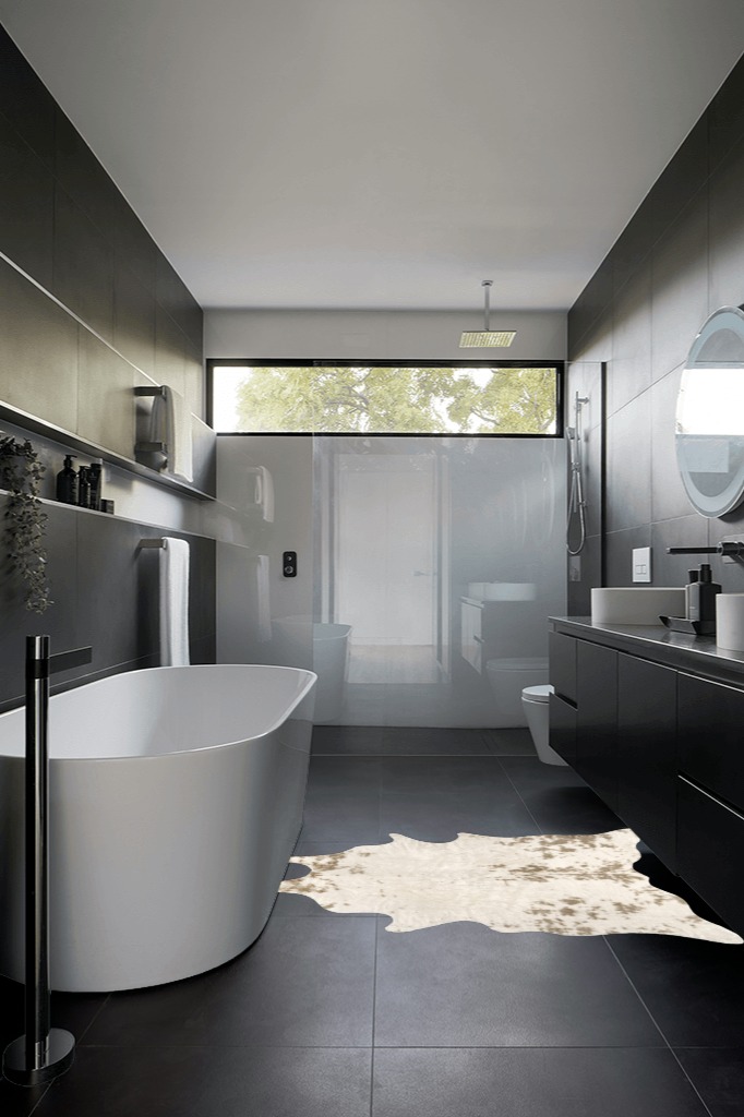 Cowhide rug decor ideas in Black Modern Bathroom