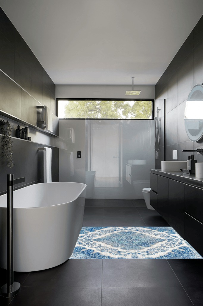 Bathroom rug ideas blue in Black Modern Bathroom