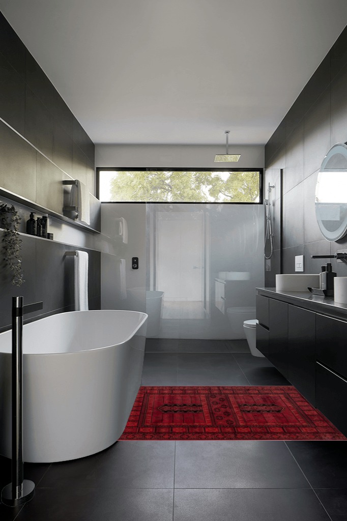 Bathroom rug ideas red in Black Modern Bathroom