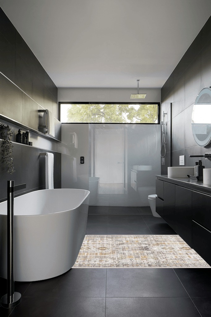Bathroom rug ideas gold in Black Modern Bathroom