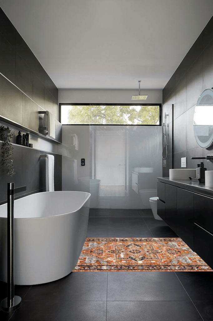 Bathroom rug ideas orange in Black Modern Bathroom