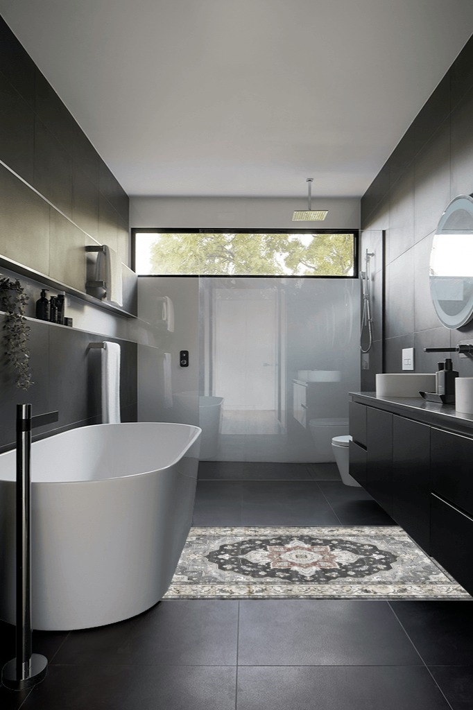 Bathroom rug ideas grey in Black Modern Bathroom