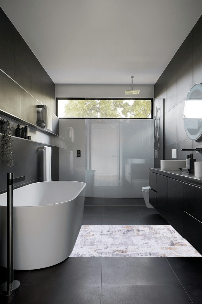Bathroom rug ideas gold in Black Modern Bathroom