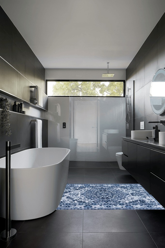 Bathroom rug ideas blue in Black Modern Bathroom