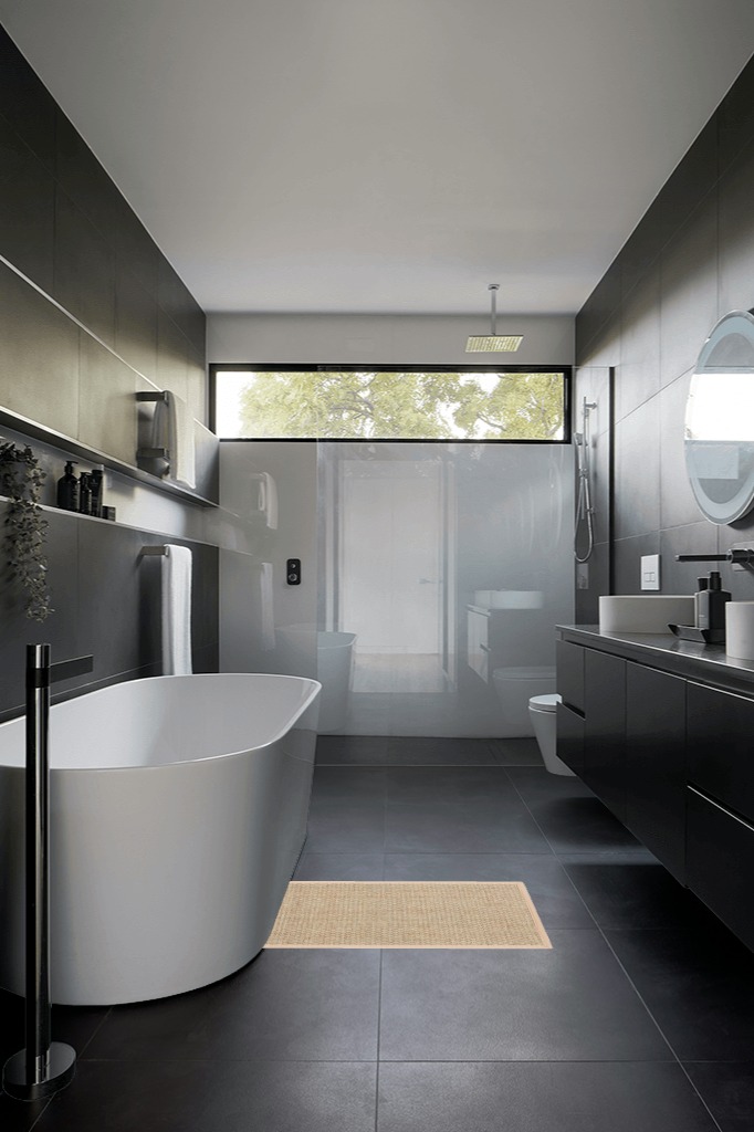 Boho rug ideas in Black Modern Bathroom