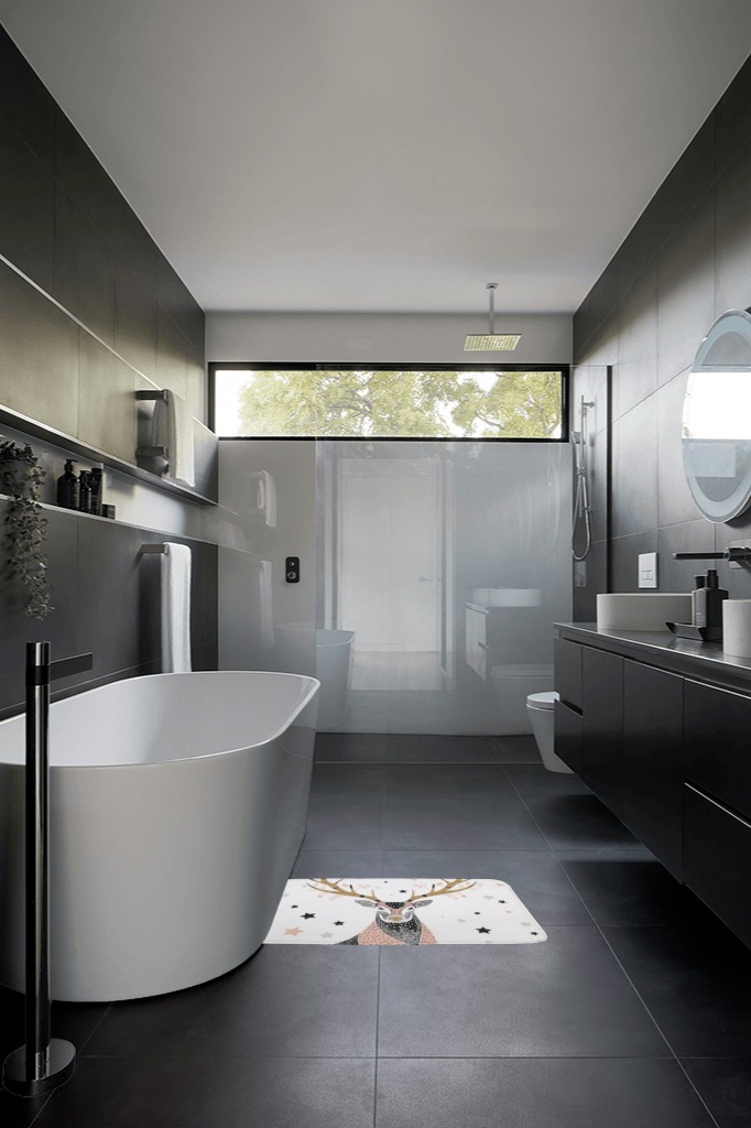 Bathroom rug ideas white in Black Modern Bathroom