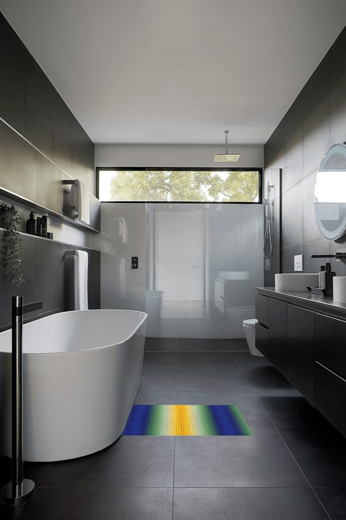 Bathroom rug ideas gold in Black Modern Bathroom