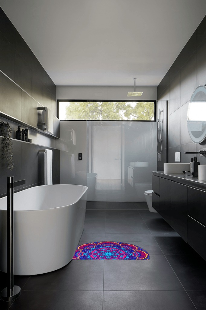 Bathroom rug ideas purple in Black Modern Bathroom