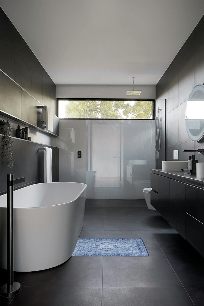 Bathroom rug ideas blue 2x3 in Black Modern Bathroom