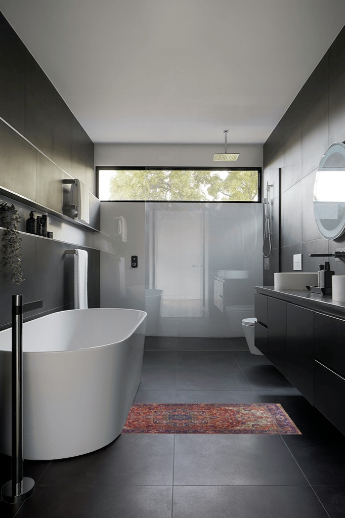 Bathroom rug ideas purple in Black Modern Bathroom