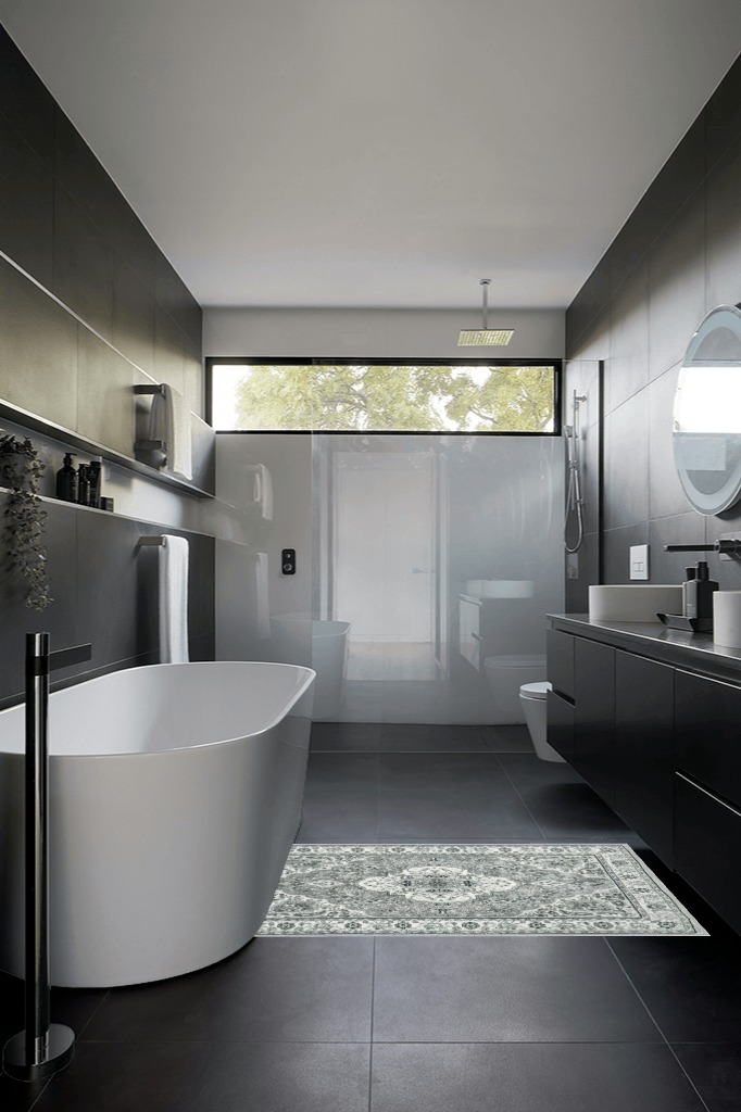 Modern area rug ideas in Black Modern Bathroom