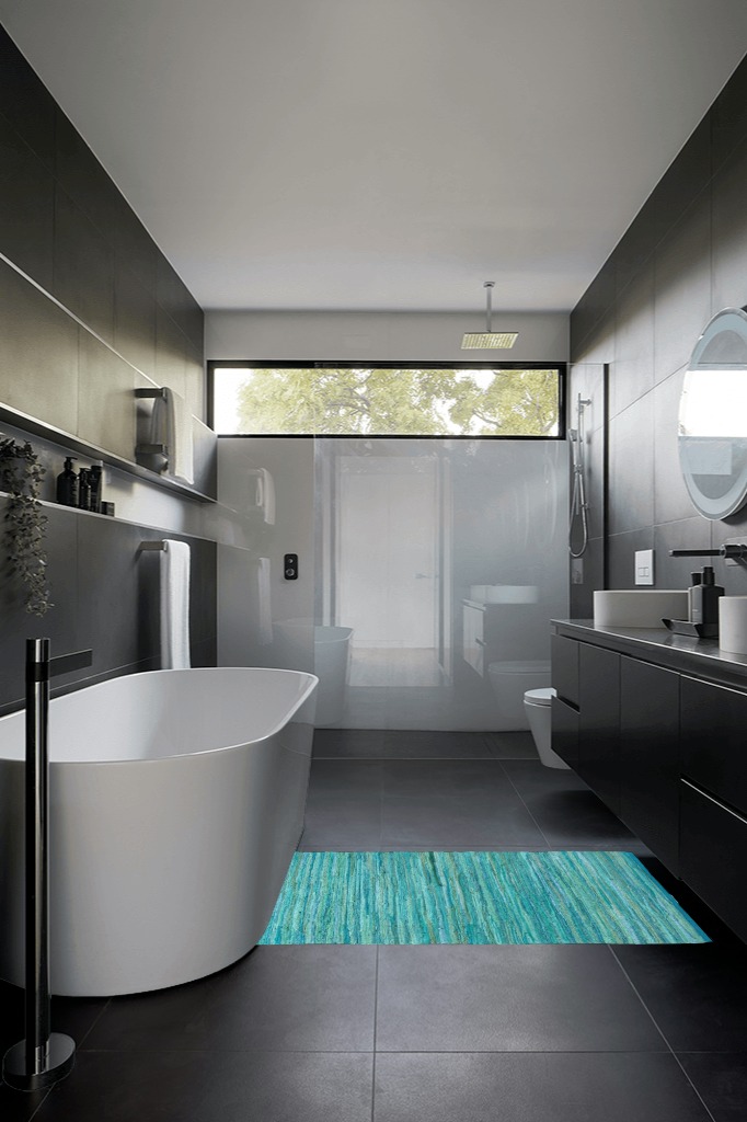 Bathroom rug ideas teal in Black Modern Bathroom