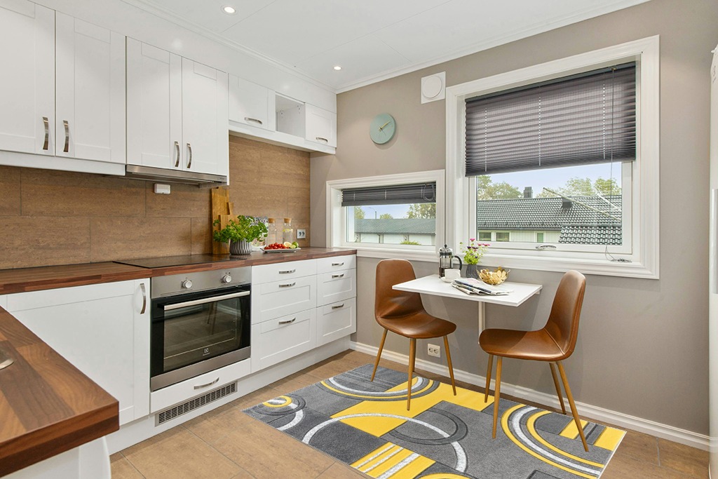 Yellow rug ideas in Wood and White Small Kitchen