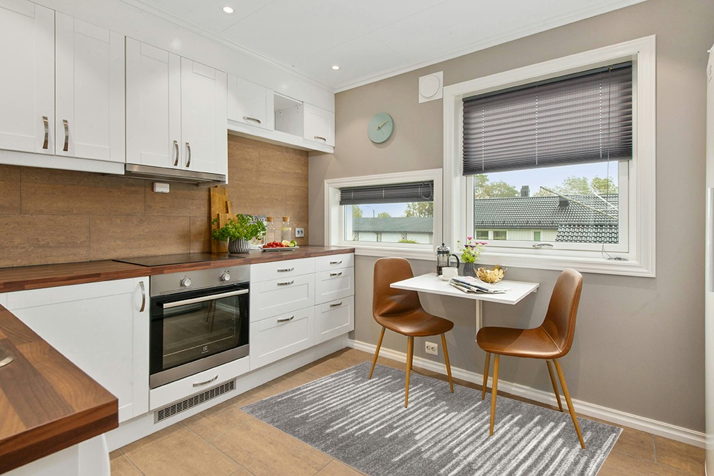 Farmhouse kitchen rug ideas in Wood and White Small Kitchen