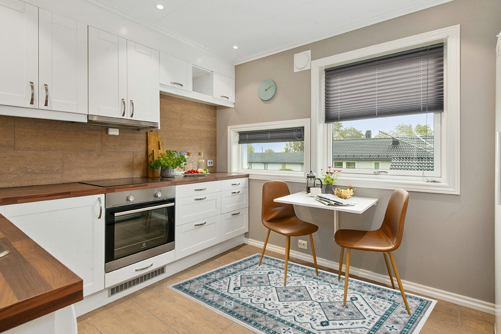 Rug ideas in Wood and White Small Kitchen