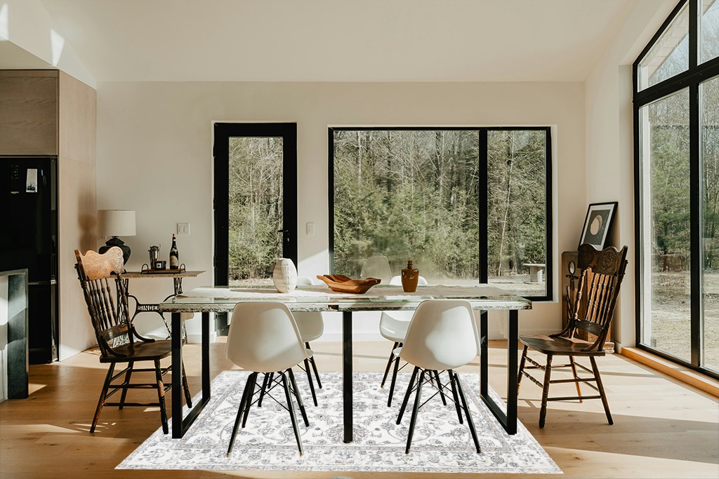 Dining room rug ideas in Modern Scandinavian Dining Room with Black Accents