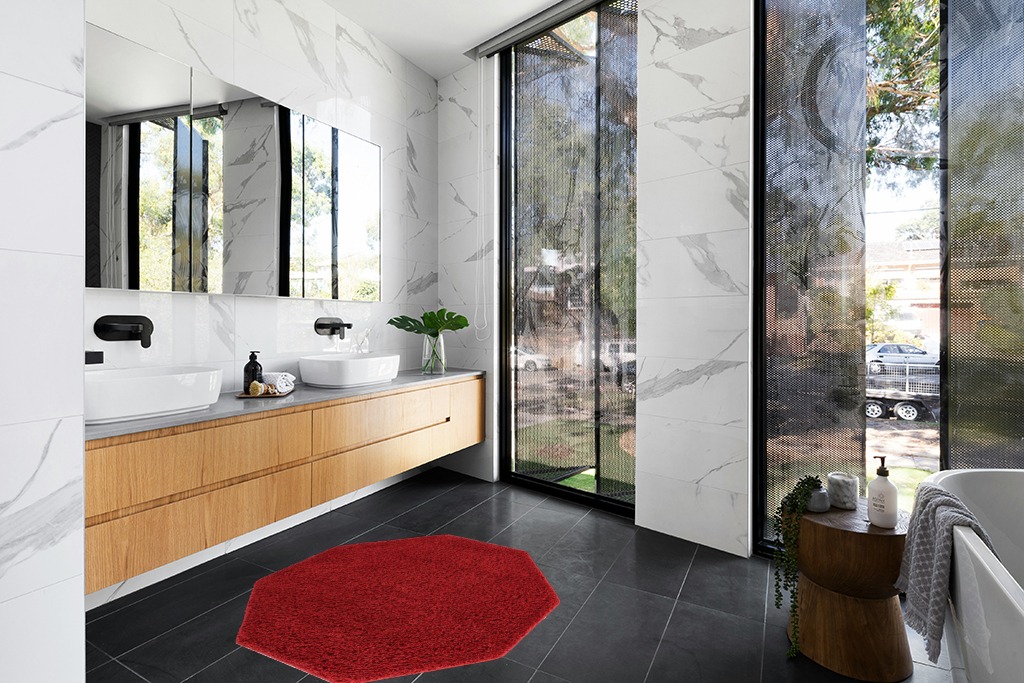 Bathroom rug ideas red 4x4 roundsquare in Modern Black Tiled bathroom