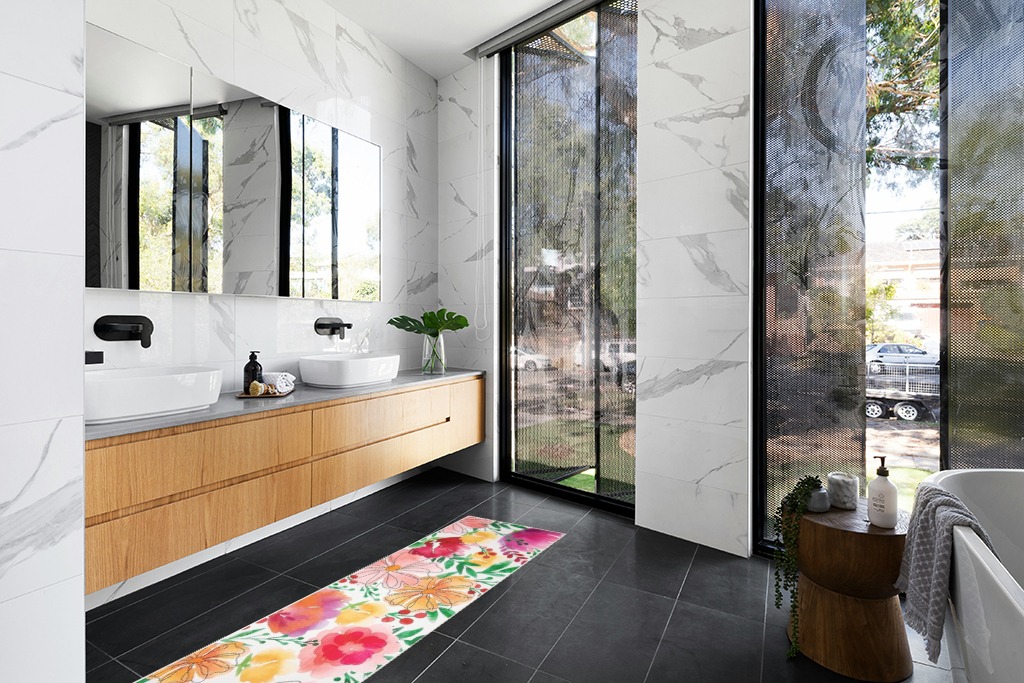 Rug runner ideas in Modern Black Tiled bathroom
