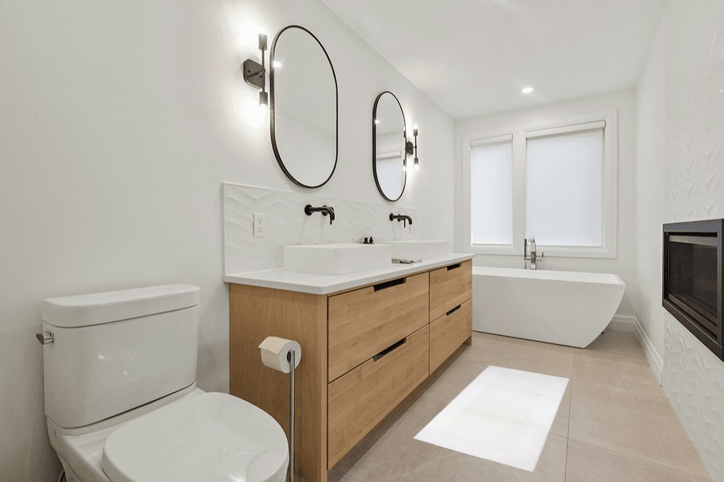 Small bathroom rug ideas in Scandinavian Neutral bathroom