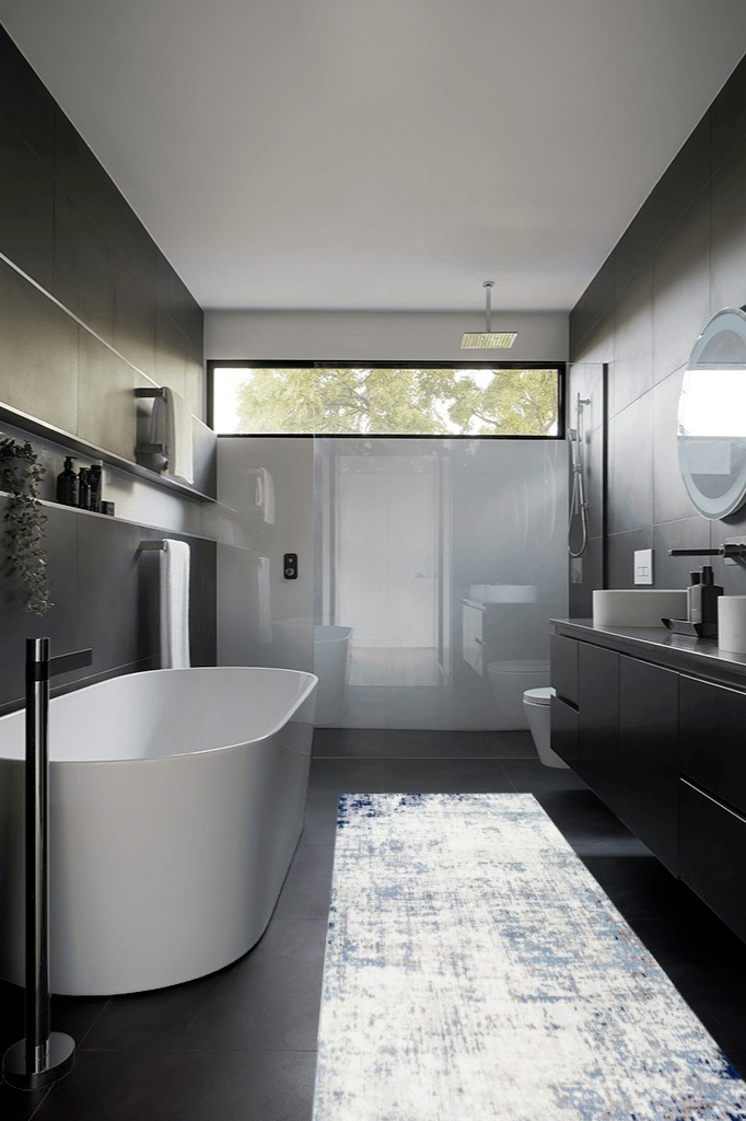Modern area rug ideas in Black Modern Bathroom