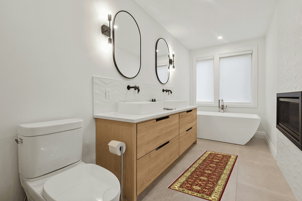 Bathroom rug ideas yellow in Scandinavian Neutral bathroom