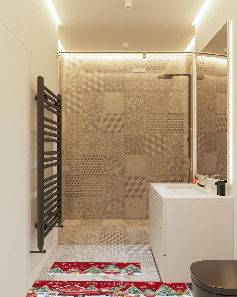Queener Home Doorway (small rugs) and 2x3, Red Rug in Wooden and Grey Bathroom