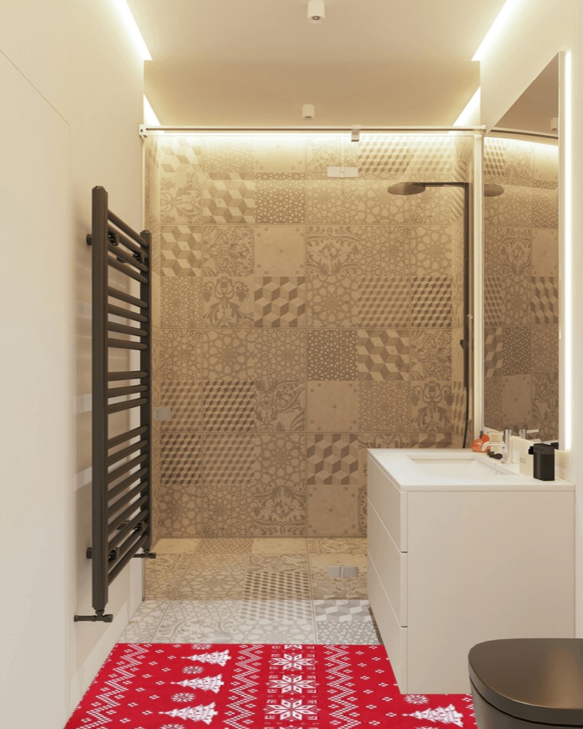 Small bathroom rug ideas in White Tiled Bathroom