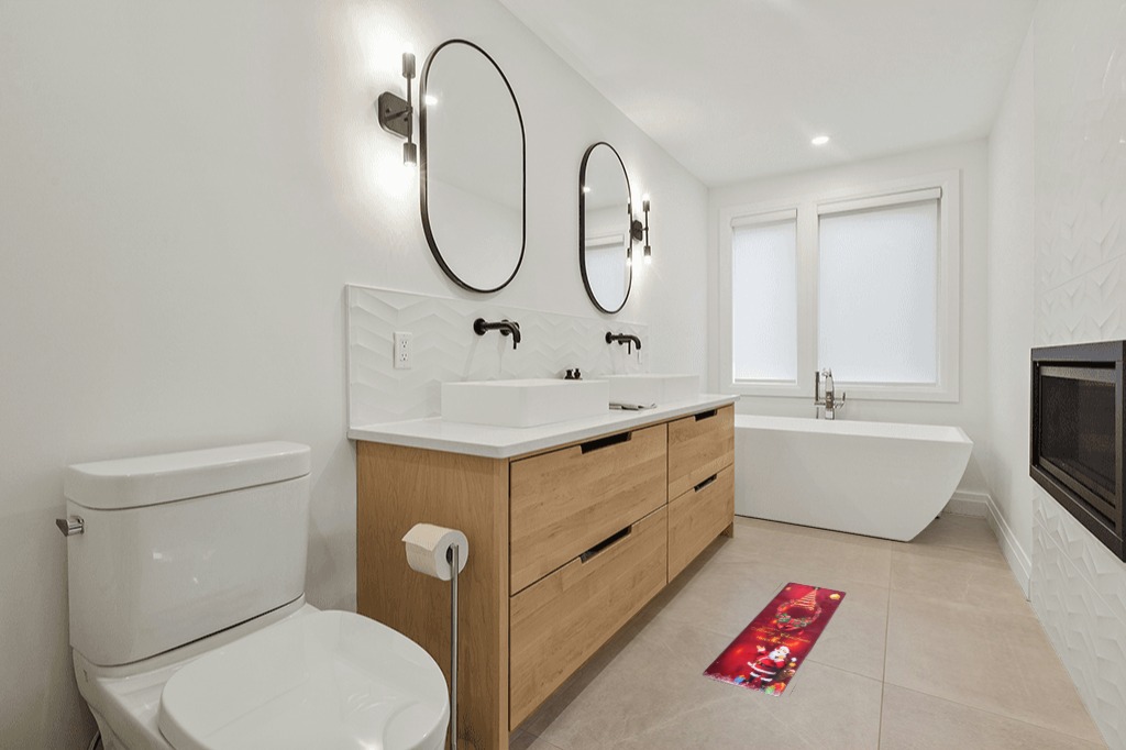 Rug ideas in Scandinavian Neutral bathroom