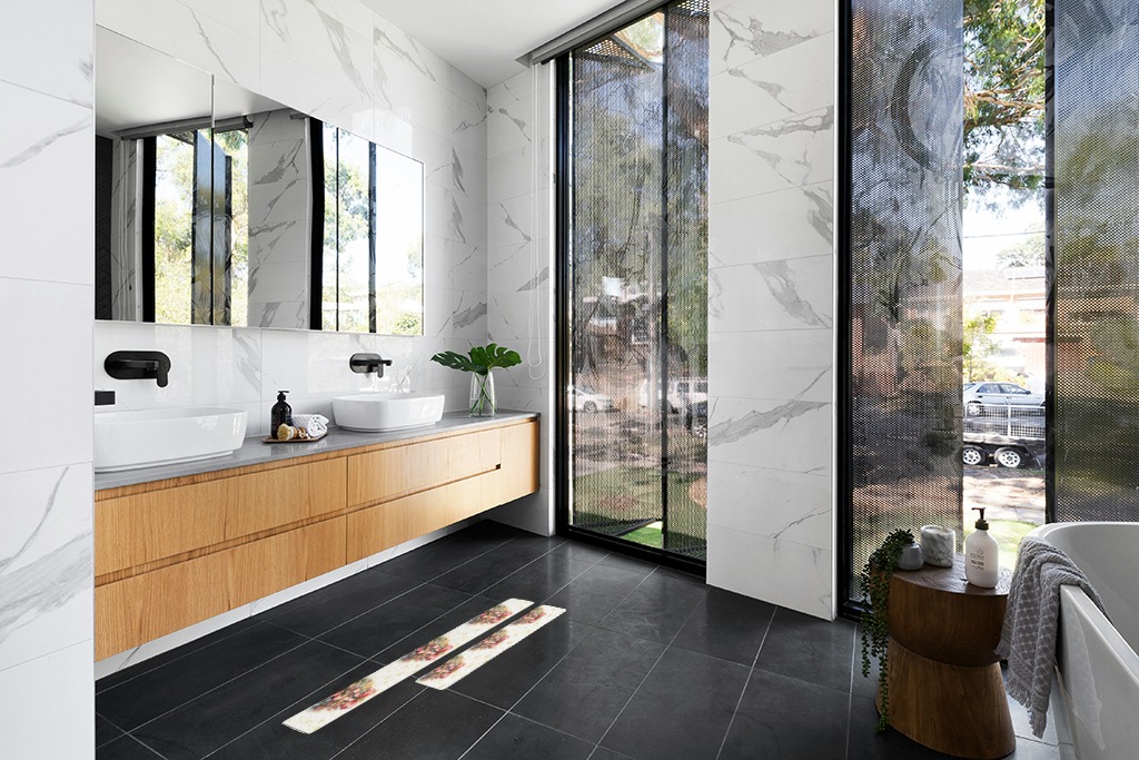 Rug ideas in Modern Black Tiled bathroom